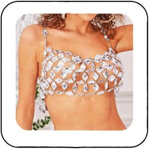 Women Silver Rhinestones Bra Chain Crystal Crop Tops Nightclub Chest Chains Body
